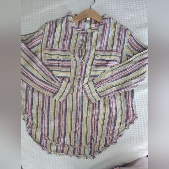 Elan linen coastal top blouse stripe new raw hem - Picture 6 of 9